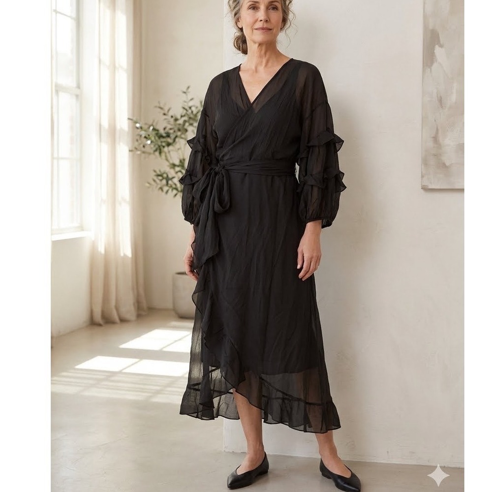 Hayden Los Angeles Black Ruffle Wrap Midi Dress Plus Size 2XL New Dark Academia‎